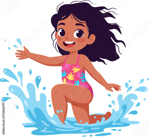 Cartoon Smiling Little Girl Splashing Water in a Summer Activity