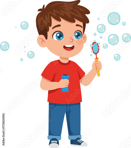 Playful Cartoon Illustration of a Little Boy Blowing Bubbles with Wand