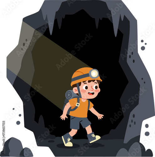 Cartoon Style Young Boy Exploring Dark Cave Entrance Illustration