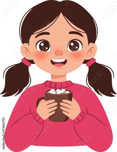 Cute Cartoon Style Cheerful Girl Enjoying Hot Chocolate Drink Illustration
