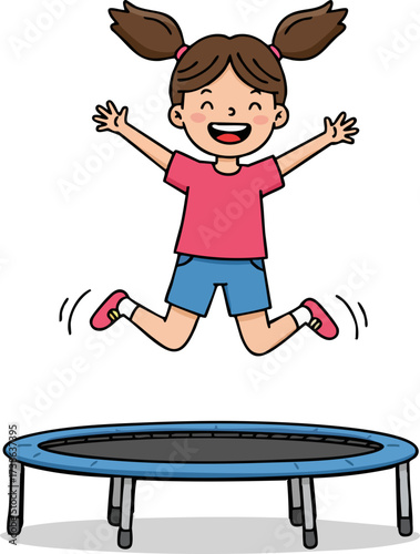 Cartoon Style Smiling Girl Joyfully Jumping on Trampoline Illustration