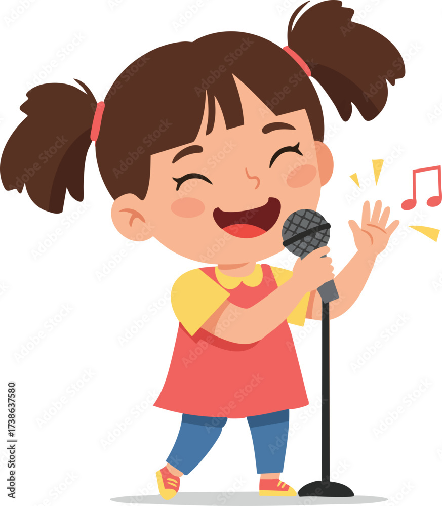 Fototapeta premium Cartoon Smiling Little Girl Singing with Microphone Illustration Graphic