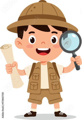 Cartoon Style Boy Explorer Holding Magnifying Glass and Map Adventure Illustration