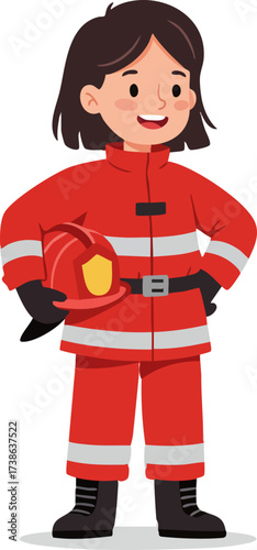 Cartoon Style Full Body Firefighter Girl Illustration Wearing Uniform Holding Helmet