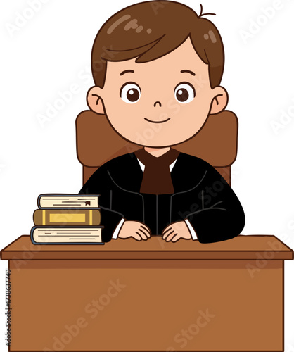 Cartoon Cute Judge Character Sitting at Desk Illustration