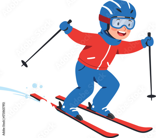 Cartoon Style Cheerful Kid Skiing Downhill Illustration