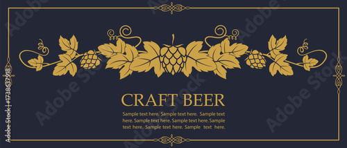 golden illustration of hops branch with leaves for brewing isolated on black background
