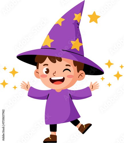 Cartoon Happy Boy Wearing Wizard Costume with Starry Hat Illustration