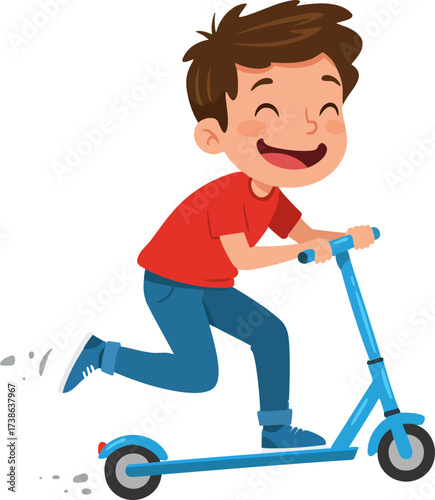 Cartoon Cheerful Little Boy Riding Scooter Outdoor Fun Activity Illustration