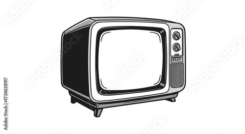 Retro vintage television with knobs in black and white linear style