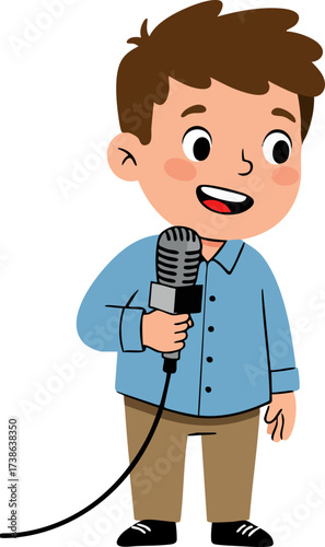 Cartoon Style Smiling Boy Holding Microphone Performance Media Illustration
