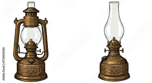 Vintage oil lamps: intricate brass design with glass chimneys