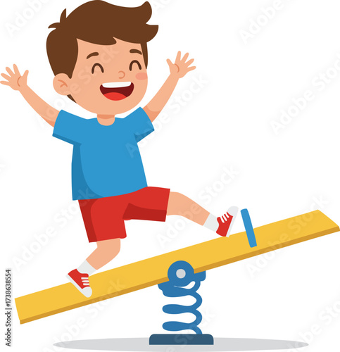 Cheerful Cartoon Style Boy Having Fun on Seesaw Illustration
