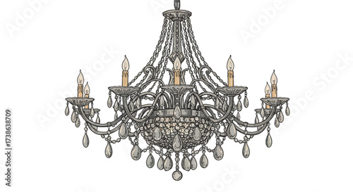 Elegant crystal chandelier with candle lights on white background