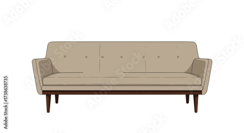 Mid-century modern beige sofa with wooden legs in minimalist style