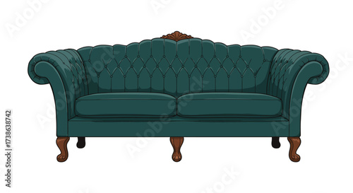 Elegant green sofa with ornate wooden legs against white background