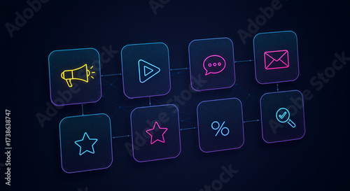 Wallpaper Mural Glowing Marketing Icon Set on Dark Background — Digital Advertising, UI Icon Pack and Modern Promotional Symbols for Campaigns Torontodigital.ca