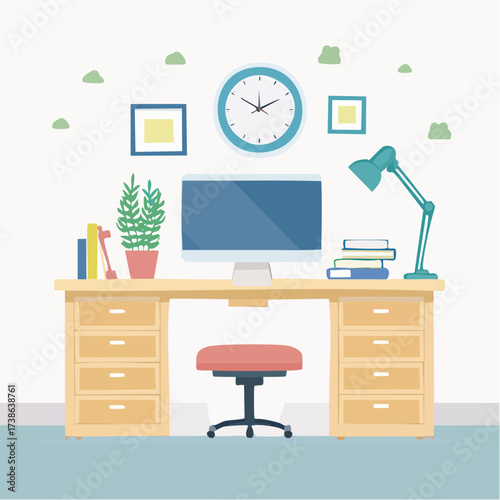 Modern home office illustration featuring a tidy wooden desk with a computer, lamp, books, and green plants, designed for remote work and study