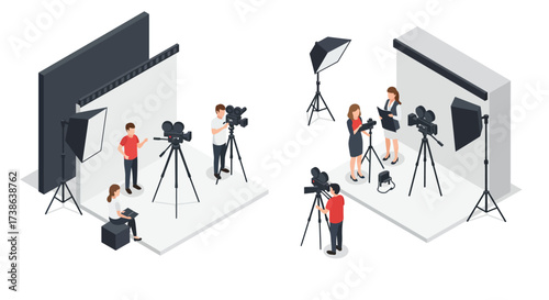 Isometric film studio with people: modern equipment and teamwork dynamics in…