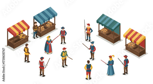 Medieval market scene with vendors and fencing characters in isometric style