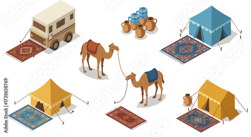 Desert camping isometric scene with camels, tents, and traditional rugs