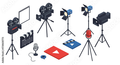 Isometric movie production equipment set with cameras and microphones