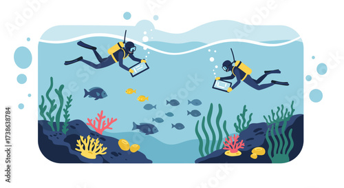 Underwater exploration adventure with scuba divers observing marine life in t…
