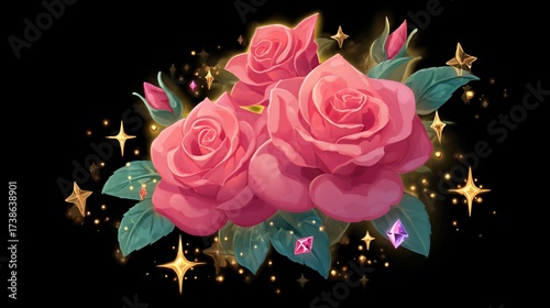 Radiant bouquet of pink roses, leaves, buds, and sparkling golden accents on black
