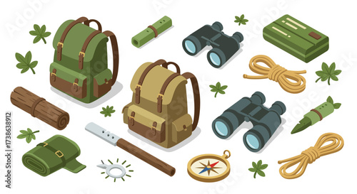 Isometric camping gear collection: backpacks, binoculars, compass, and more