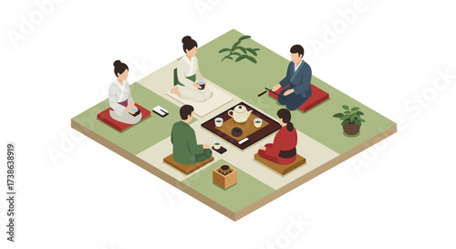 Traditional japanese tea ceremony in isometric design on tatami mat