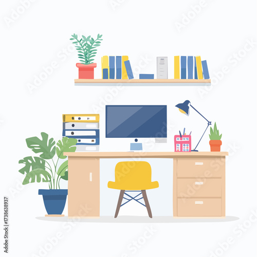 Modern home office workspace interior with a computer on a wooden desk, chair, and plants. Concept of remote job and freelancing