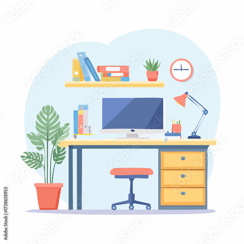 Modern and comfortable home office interior with a computer desk, chair, and bookshelf. A creative workspace for a freelancer or remote work