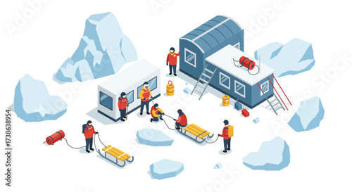 Isometric arctic research station with scientists and equipment in snowy land…