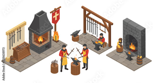 Medieval blacksmith workshop in isometric style with armor and forge