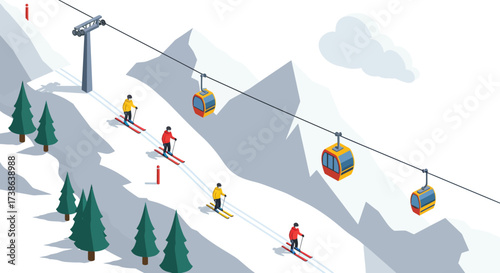 Isometric ski resort scene with cable cars and skiers in action