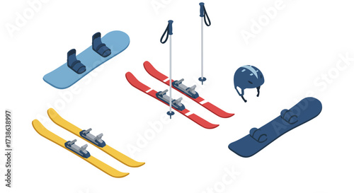 Winter sports equipment set featuring skis, snowboards, poles, and helmet in…