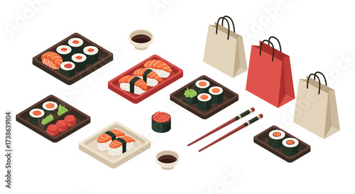 Isometric japanese cuisine with sushi and takeout bags