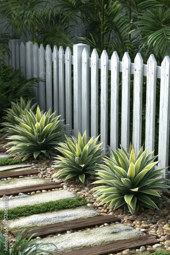 Lush garden scene; white picket fence, stone path, vibrant plants, tropical feel