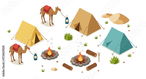 Isometric desert camping scene with tents, camels, and campfires in minimalis…