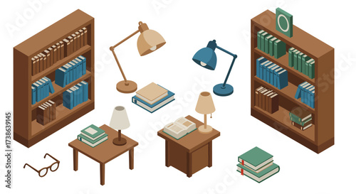 Isometric home library with bookshelves and reading lamps