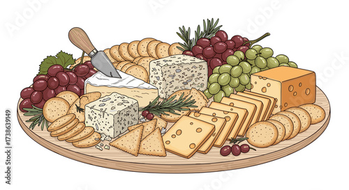Gourmet charcuterie board with various cheeses, grapes, and crackers. Vector illustration svg