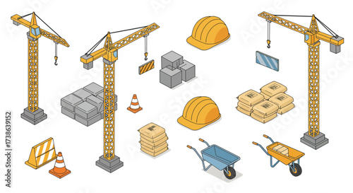 Isometric construction equipment set featuring cranes and safety gear