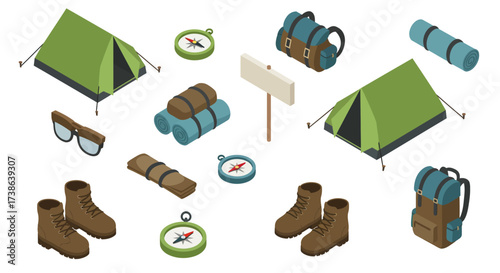 Camping gear isometric set: tents, backpacks, and essentials for outdoor adve…