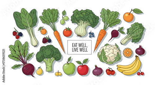 Vector illustration of fresh hand-drawn fruits & vegetables isolated on transparent background svg