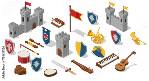 Medieval music and heraldry isometric set with castles and instruments