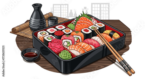 Japanese sushi and sashimi set in bento box with sake vector illustration isolated on transparent