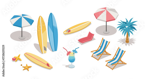 Isometric beach elements: surfboards, umbrellas, deck chairs & tropical vibes