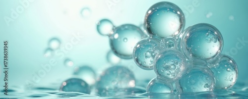 Wallpaper Mural Close up shot of water bubbles clusters. Transparent spheres float above surface. Abstract scene with bubbles texture on blue aqua background. Torontodigital.ca