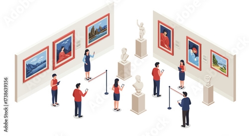 Isometric art gallery scene with people observing paintings and sculptures