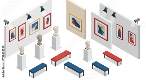 Isometric art gallery with sculptures and modern art paintings in low poly style